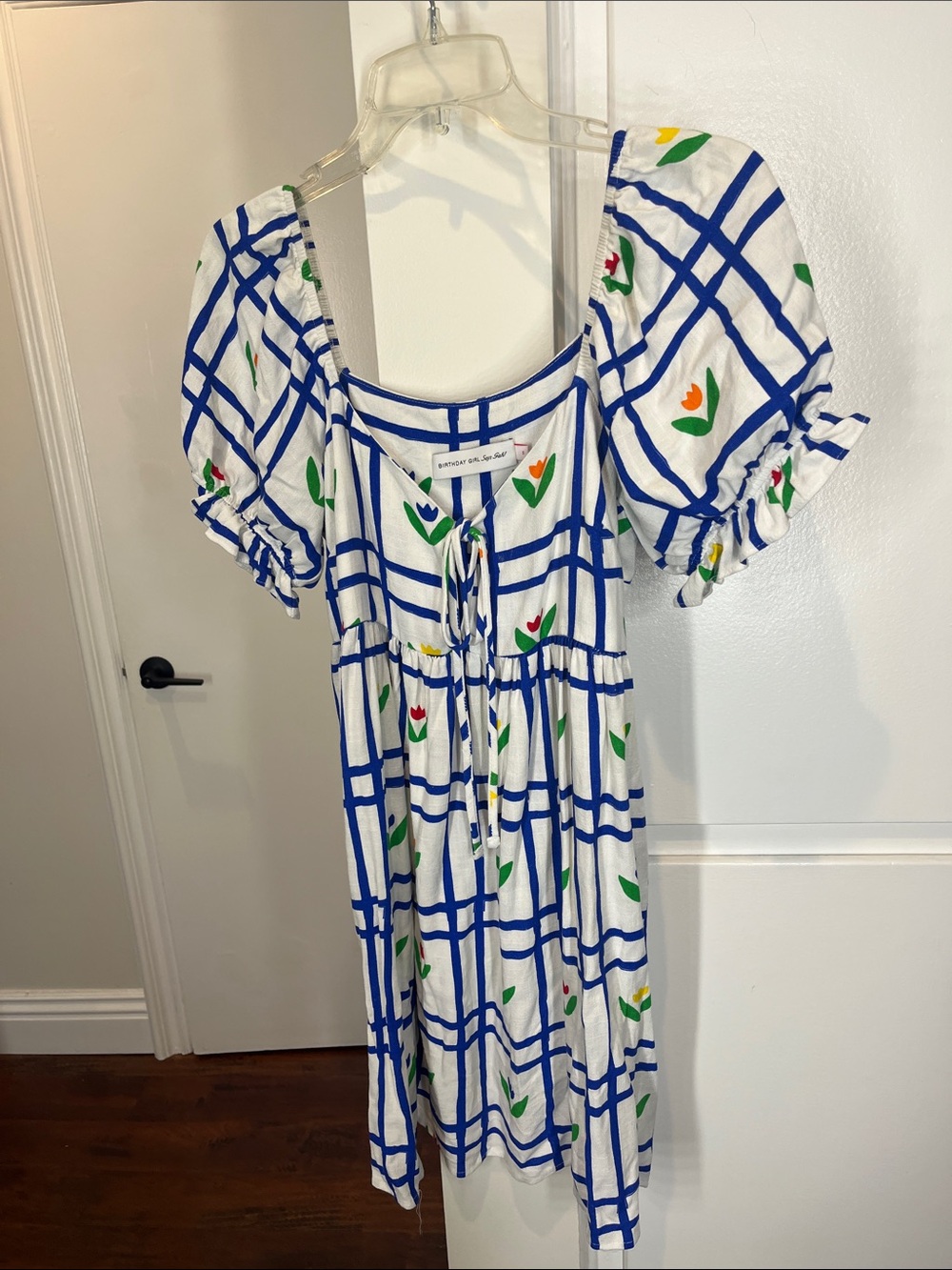 Lisa Says Gah White Mini Dress with Blue Windowpane and Multi-Color Floral